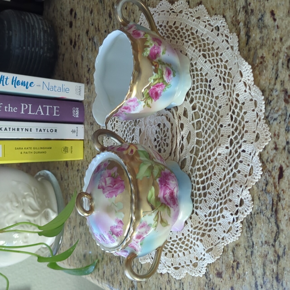 Lovely Vintage Gold & Floral Sugar Bowl with Lid & Creamer